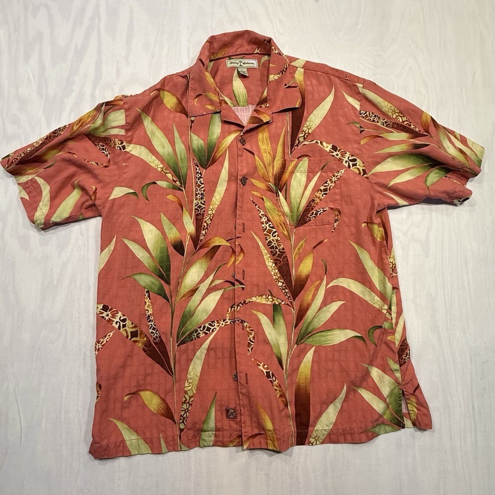 Tommy Bahama Floral Leaf Silk Hawaiian Tropical Button Up Camp Shirt Large